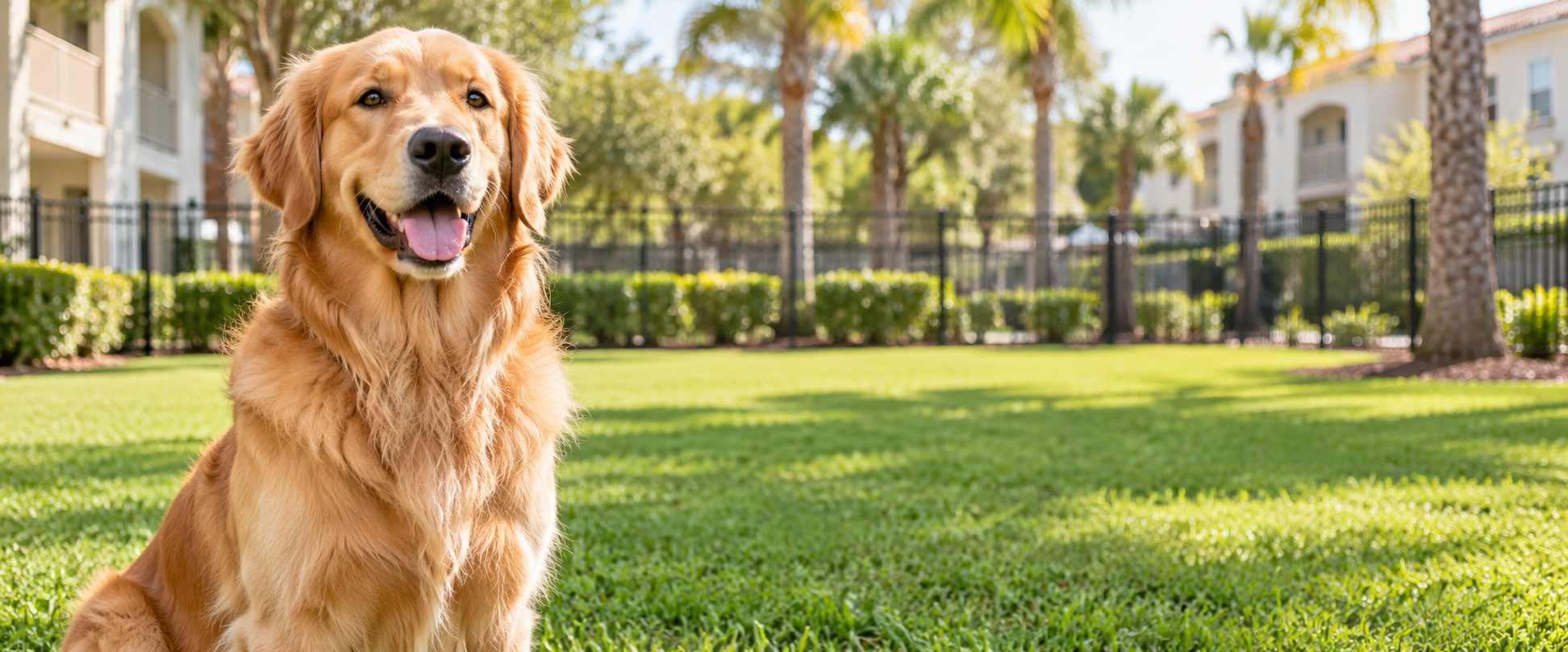 Golden retriever enjoying clean grounds in a landscaped apartment community